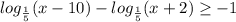 log_{ \frac{1}{5} }(x-10)-log_{ \frac{1}{5} }(x+2) \geq -1