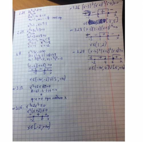 Срешением 2.27) 7x⁴-x²-6=0 2.29) x^6+9x³+8=0 3.9) x²-3x-10> 0 3.13)x²+6x+10> 0 3.16) x³+2x²≤0