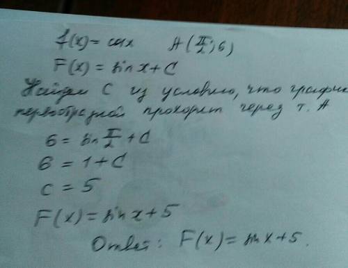 Укажіть первісну функції f(x)=cos x графік якої проходить через точку a(π/2 ; 6)