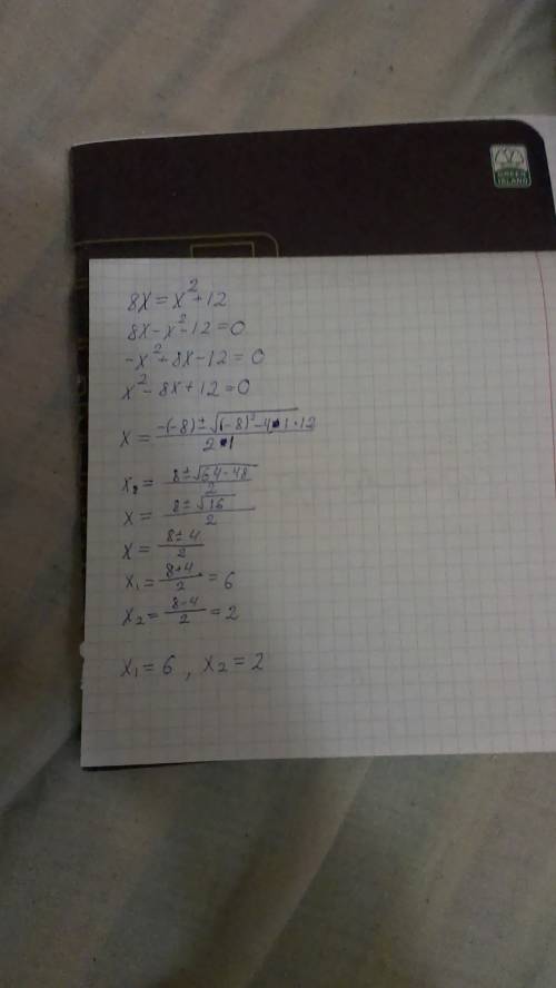 Решите уравнение: 8x=x²+12 напишите в тетради, так не понимаю.