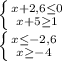 \left \{ {{x+2,6 \leq 0} \atop {x+5 \geq 1}} \right. \\ \left \{ {{x \leq -2,6} \atop {x \geq -4}} \right.