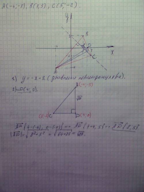 Найти длину высоты ad в треугольнике с вершинами a(-4,-5),b(3,3),c(5,-2) и написать уравнение перпен