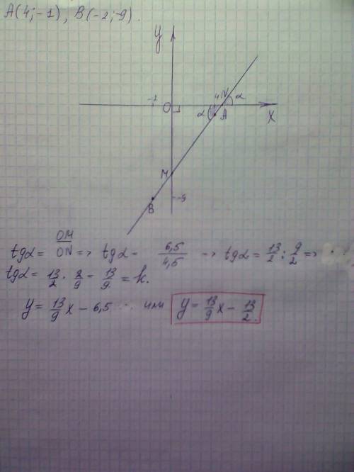 A(4; -1) b(-2; -9). составить уравнение прямой, проходящей через т. а перпендикулярно прямой ab