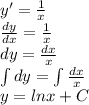 y'= \frac{1}{x} \\ \frac{dy}{dx} = \frac{1}{x} \\ dy= \frac{dx}{x} \\ \int\limits{dy}= \int\limits{\frac{dx}{x} } \\ y=lnx+C