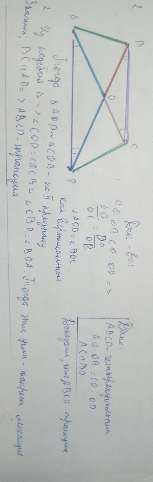 Диагонали четырехугольника abcd пересекаются в точке о, причем ао*ов = со*od. докажите, что abcd - т