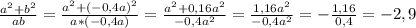 \frac{ a^{2}+ b^{2} }{ab} = \frac{ a^{2}+(-0,4a) ^{2} }{a*(-0,4a)} = \frac{ a^{2}+0,16 a^{2} }{-0,4a^{2} } = \frac{1,16 a^{2} }{-0,4 a^{2} } =- \frac{1,16}{0,4} =-2,9