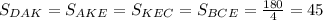 S_{DAK}=S_{AKE}=S_{KEC}=S_{BCE}= \frac{180}{4} =45