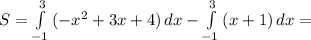 S = \int\limits^3_{-1} {(-x^2+3x+4)} \, dx - \int\limits^3_{-1} {(x+1)} \, dx =