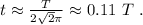 t \approx \frac{T}{ 2 \sqrt{2} \pi } \approx 0.11 \ T \ .