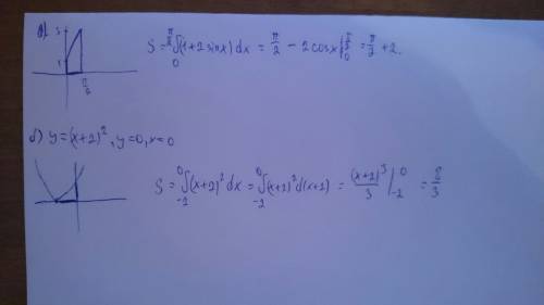 Вычислите площадь фигуры, ограниченной линиями: а) y=1+2sinx ; y=0 ; x=0 ; x= пи/2 б) y=(x+2)^2 ; y=