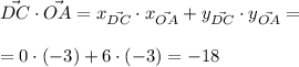 \vec {DC}\cdot \vec {OA}=x_{\vec {DC}}\cdot x_{\vec {OA}}+y_{\vec {DC}}\cdot y_{\vec {OA}}=\\ \\ =0\cdot (-3)+6\cdot (-3)=-18