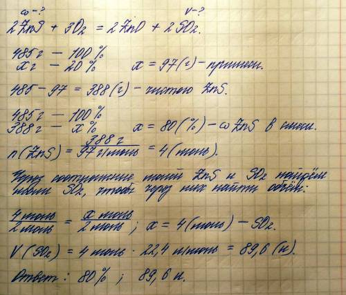 Вычислите массовую долю сульфида цинка если он прореагировал с кислородом и образовался оксид серы 4