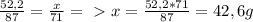 \frac{52,2}{87} = \frac{x}{71} =\ \textgreater \ x= \frac{52,2*71}{87} =42,6g