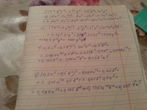 Выполните возведение в степень . 1)(х^2-у^2)^3 2)(2m^2 -3n^2)^3 3)(7p^3+9 q^2)^3 4)(10x^2 +1/3a^2)3