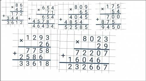 Выполнить вычисления в столбик. 86×42= 654×71= 809×65= 175×54= 1293×26= 8023×29= образец: 126 × 34 +