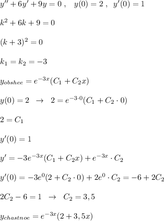 y''+6y'+9y=0\; ,\; \; \; y(0)=2\; ,\; \; y'(0)=1\\\\k^2+6k+9=0\\\\(k+3)^2=0\\\\k_1=k_2=-3\\\\y_{obshee}=e^{-3x}(C_1+C_2x)\\\\y(0)=2\; \; \to \; \; 2=e^{-3\cdot 0}(C_1+C_2\cdot 0)\\\\2=C_1\\\\y'(0)=1\\\\y'=-3e^{-3x}(C_1+C_2x)+e^{-3x}\cdot C_2\\\\y'(0)=-3e^{0}(2+C_2\cdot 0)+2e^{0}\cdot C_2=-6+2C_2\\\\2C_2-6=1\; \; \to \; \; C_2=3,5\\\\y_{chastnoe}=e^{-3x}(2+3,5x)