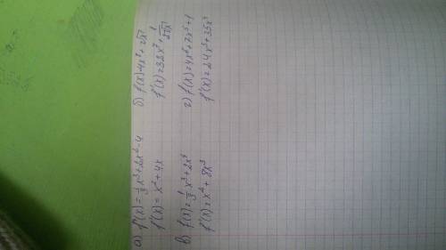 Найдите производные функции: а)f(x)=1/3x^3+2x^2-4 б)f(x)=4x^8+корень x в)f(x)=1/3x^3+2x^4 г)f(x)=4x^