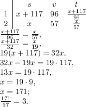 \begin{array}{c|ccc}&s&v&t\\1&x+117&96&\frac{x+117}{96}\\2&x&57&\frac{x}{57}\end{array} \\ \frac{x+117}{96}=\frac{x}{57}, \\ \frac{x+117}{32}=\frac{x}{19}, \\ 19(x+117)=32x, \\ 32x-19x=19\cdot117, \\ 13x=19\cdot117, \\ x=19\cdot9, \\ x=171; \\ \frac{171}{57} =3.