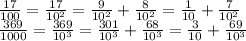 \frac{17}{100} = \frac{17}{10^2} = \frac{9}{10^2}+ \frac{8}{10^2} = \frac{1}{10}+ \frac{7}{10^2} \\ \frac{369}{1000}= \frac{369}{10^3}= \frac{301}{10^3} + \frac{68}{10^3} = \frac{3}{10} + \frac{69}{10^3}