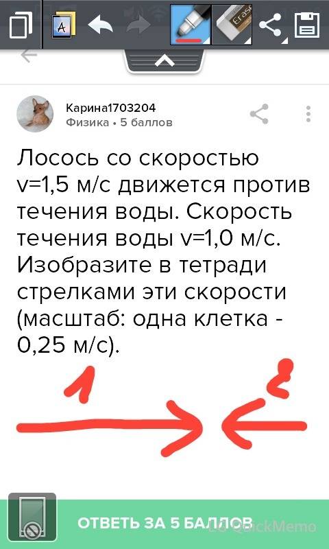 Лосось со скоростью v=1,5 м/с движется против течения воды. скорость течения воды v=1,0 м/с. изобраз