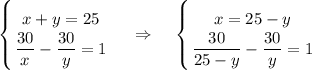 \displaystyle \left \{ {{x+y=25} \atop {\dfrac{30}{x}-\dfrac{30}{y}=1}} \right. ~~~\Rightarrow~~~\left \{ {{x=25-y} \atop {\dfrac{30}{25-y}-\dfrac{30}{y}=1}} \right.