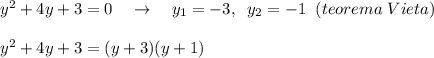 y^2+4y+3=0\quad \to \quad y_1=-3,\; \; y_2=-1\; \; (teorema\; Vieta)\\\\y^2+4y+3=(y+3)(y+1)