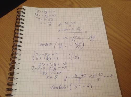 Решите методом сложения, . 1. 5х+3у=20, 2х-3у=33. 2. 7х+5у=-5, 5х+3у=1.