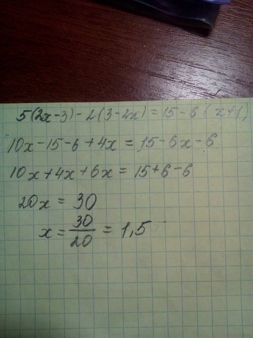 Решите уравнение 5(2x-3)-2(3-2x)=15-6(x+1)