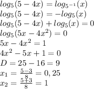 log_5(5-4x) = log_{5^{-1}}(x)\\&#10;log_5(5-4x) = -log_5(x)\\&#10;log_5(5-4x) + log_5(x) = 0\\&#10;log_5(5x-4x^2)=0\\&#10;5x-4x^2=1\\&#10;4x^2-5x+1=0\\&#10;D=25-16=9\\&#10;x_1= \frac{5-3}{8} =0,25\\&#10;x_2= \frac{5+3}{8} =1