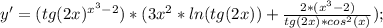 y'=(tg(2x)^{x^3-2})*(3x^2*ln(tg(2x))+ \frac{2*(x^3-2)}{tg(2x)*cos^2(x)});