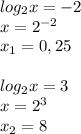 log_2x=-2\\x=2^{-2}\\x_1=0,25\\\\log_2x=3\\x=2^3\\x_2=8