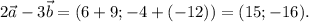 2\vec{a} - 3\vec{b}= (6+9;-4+(-12))=(15;-16).