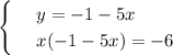 \begin{cases} &#10;& \text{ } y=-1-5x \\ &#10;& \text{ } x(-1-5x)=-6 &#10;\end{cases}