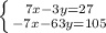 \left \{ {{7x-3y=27} \atop {-7x-63y=105}} \right.