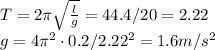 T=2\pi\sqrt{\frac{l}{g}}=44.4/20=2.22\\&#10;g=4\pi^2\cdot0.2/2.22^2=1.6m/s^2