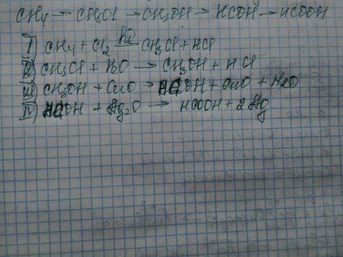 Решить цепочку реакций ch4-> ch3cl-> ch3oh-> hcho-> hcooh