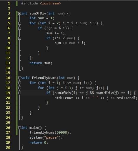 Написать программу на с++, (без масива) два натуральных числа называются дружественными, если каждое