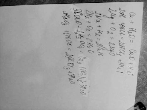 Ca+h2o> al+hcl> mg+o2> na+h2> h2+o2> cao+h3po4> al2o3+hcl>
