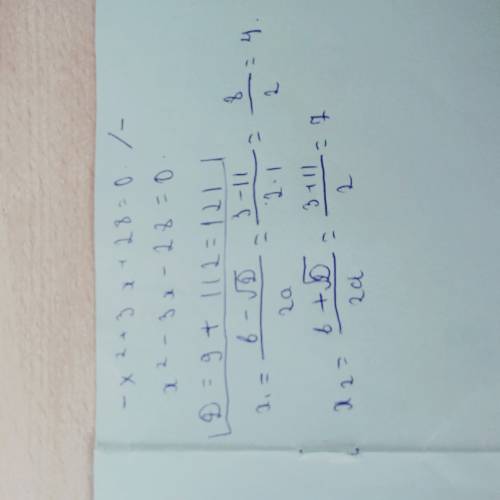 Решите уравнения -х^2+3х+28=0 -7х+6-3х^2=0 (4х+1)^2-(х-4)^2=-15