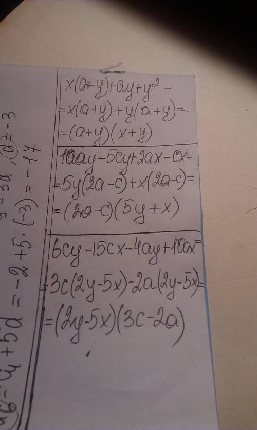 Разложите на множители 1)х(а+у)+ау+у^2 2)10ау-5су+2ах-сх 3)6су-15сх-4ау+10ах умоляю, надо)