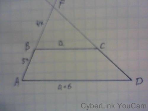 Продолжением боковых сторон аб и сд трапеции абсд пересекаются в точке f,причем ab: bf=3: 4.найдите