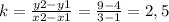 k= \frac{y2-y1}{x2-x1} = \frac{9-4}{3-1}= 2,5