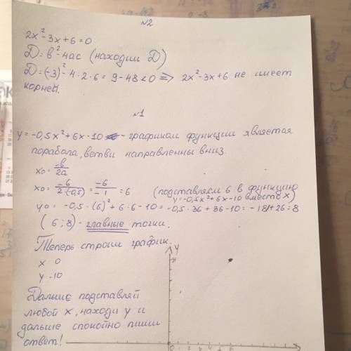 Номер 1: решите графически уравнение -0.5x²+6x-10=0 номер 2: докажите,что уравнение 2x²-3x+6=0 не им