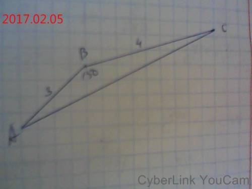 Найти сторону с и углы а и с,если сторона а=4,b=3,а угол b=150°