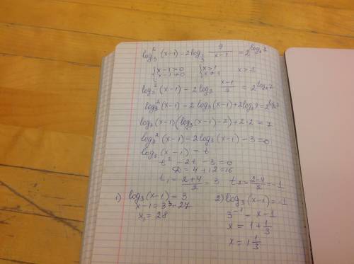 Log^2 основания 3 (x-1)-2log основания 1\3 9\(x-1)=2^log2 7