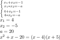 \left \{ {{x_1+x_2=-1} \atop {x_1*x_2=-a}} \right. \\ \left \{ {{4+x_2=-1} \atop {4*x_2=-a}} \right. \\ x_1=4 \\ x_2=-5 \\ a=20 \\ x^2+x-20=(x-4)(x+5)