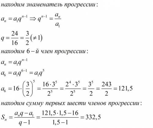 Найдите сумму шести первых членов прогрессии 16,24,36