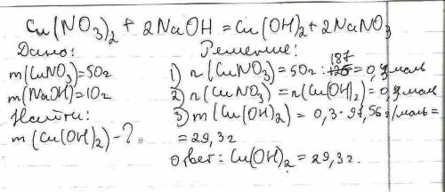 Какая масса гидроксида меди получается при реакции 50 г. нитрата меди и 10 г. гидроксида натрия. нуж