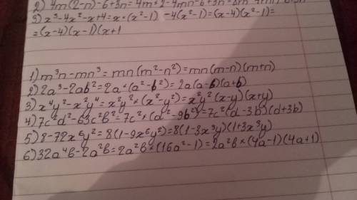 Разложите на множители: 1) m^3n-mn^3; 2) 2a^3-2ab^2; 3) x^4y^2-x^2y^4; 4) 7c^2d^2-63c^2b^2 5) 8-72x^