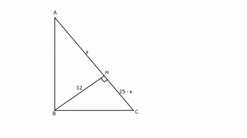 Впрямоугольном треугольнике,гипотенуза 25 см,а высота 12см.найти : катет прям.треугольника и отрезки